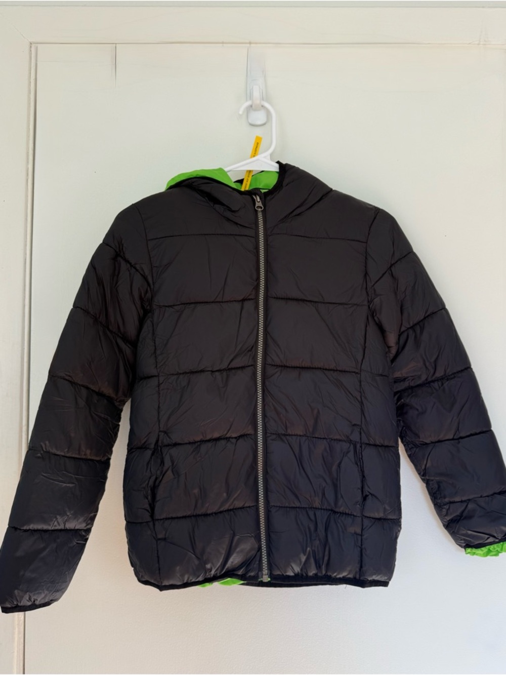 Kids Black Puffer Jacket with Green Lining - Lightweight Hooded Coat